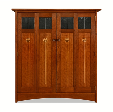 Stickley Harvey Ellis Cherry Entertainment Cabinet with Inlay & Leaded Glass