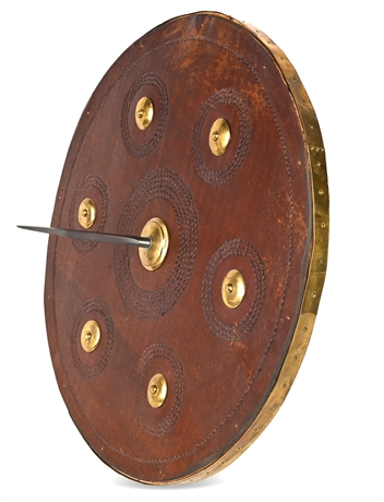 Reproduction Scottish Targe Shield — Tooled Leather, Brass Rim, Steel Spike, 20″