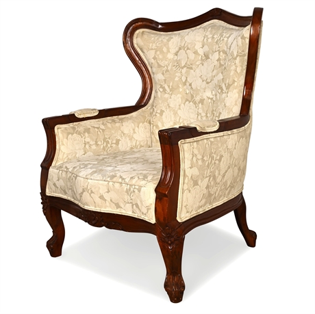 Carved Mahogany Armchair — Floral Upholstery, 20th Century