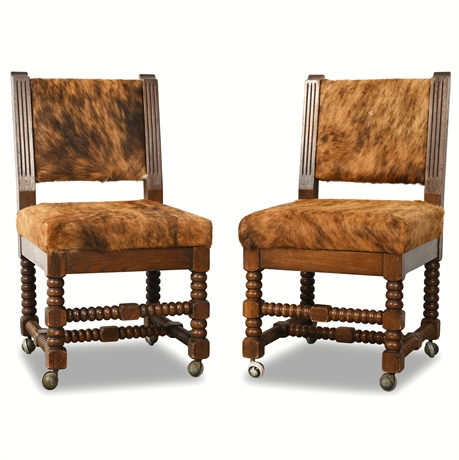 Louis XIII-Style Bobbin-Turned Oak Side Chairs with Cowhide Upholstery