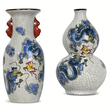 Pair Shuanglong Crackle Glaze Porcelain Vases with Dragon Motif