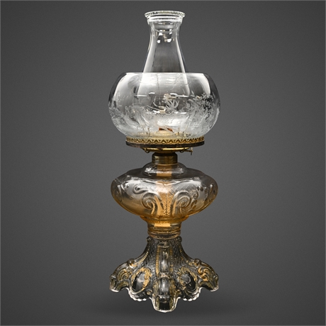 Antique Princess Feather Pattern Oil Lamp with Etched Hunting Theme Shade