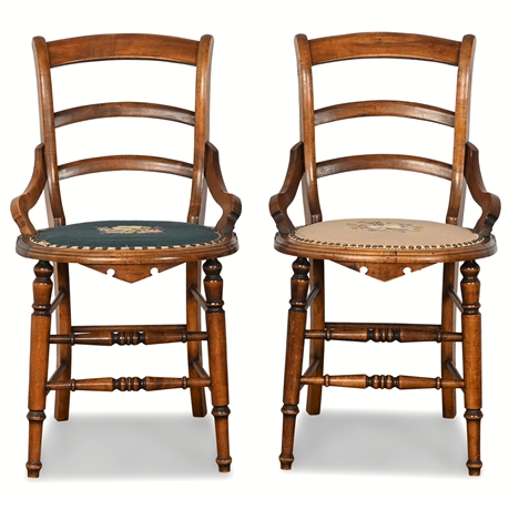 Pair of 19th Century Solid Wood Antique Chairs with Needlepoint Seats