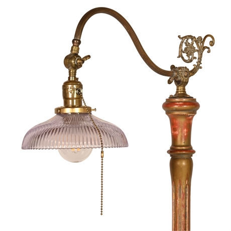 Antique Brass and Wood Base Lamp with Holophane Shade