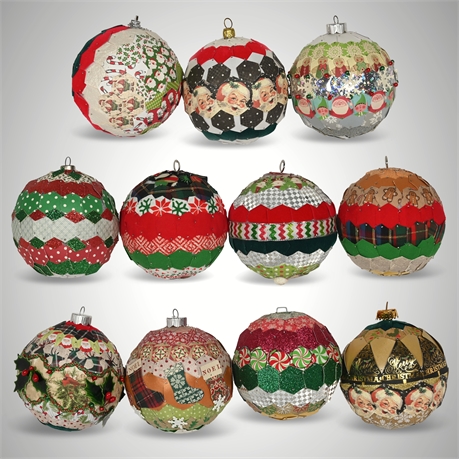 11 Handcrafted Paper, Ribbon, and Fabric Mosaic Christmas Ornaments