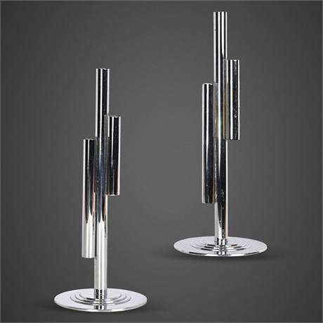 Walter Von Nessen for Chase Chrome Skyscraper Candlesticks, Pair, c. 1930s