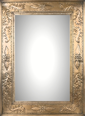 Vintage Mexican Embossed Pressed Steel Wall Mirror, Floral Frame, Patina Finish