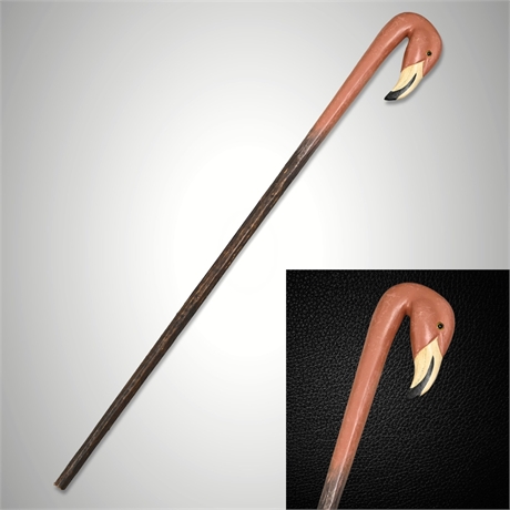 Carved Wood Walking Cane — Flamingo Head Handle, Glass Eye, Dark Wood Shaft
