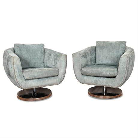 Pair of Mid-Century Style Swivel Lounge Chairs — Seafoam Chenille