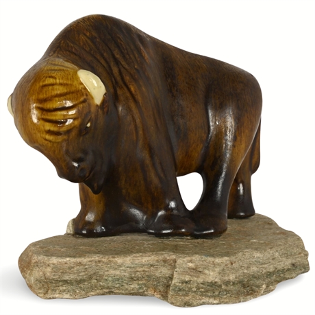 Handcrafted Ceramic Bison Sculpture on Stone Base, Signed