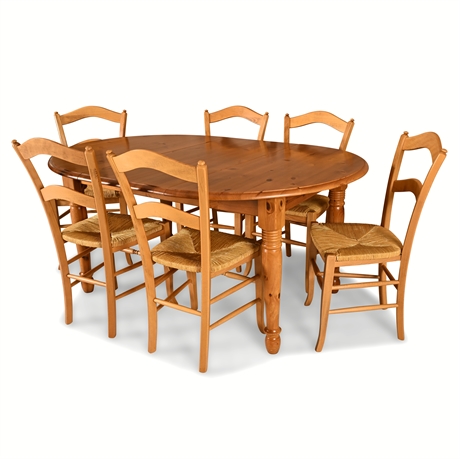 Tuscan Farmhouse Pine Dining Set – Italian Table & 6 Rush Seat Chairs