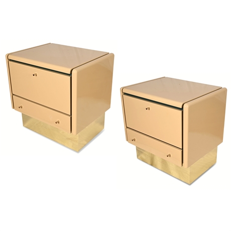 Pair Baker Modern Lacquer Nightstands, 1980s Prototype w/ Gold Bases