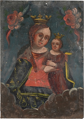 19th-Century Mexican Retablo on Tin — Crowned Virgin & Child