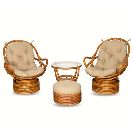 Pair Mid-Century Bamboo Rock'N Swivel Cocoon Chairs