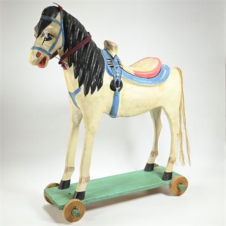 Vintage Mexican Folk Art Papier Mache Horse on Wheels