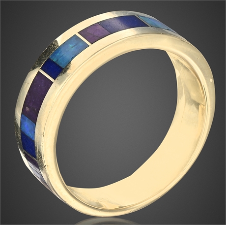 Signed NB 14K Yellow Gold Inlay Band Ring with Opal, Lapis & Sugilite