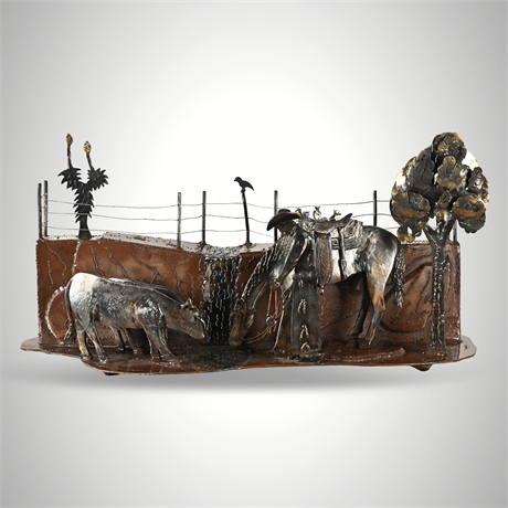 Western Welded Steel Sculpture – Cowboy, Horse & Cattle Scene