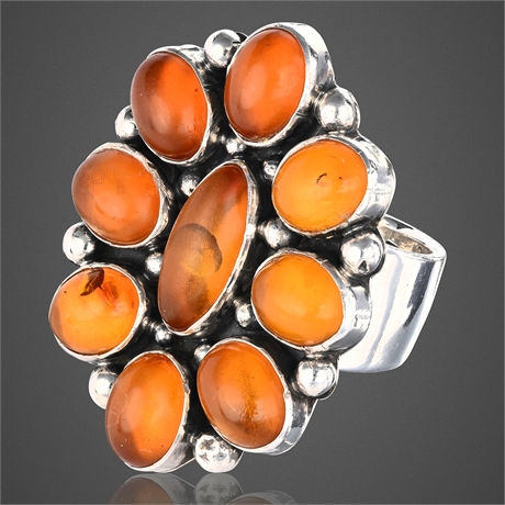 Richard Begay Sterling Silver Ring w/ 9 Butterscotch Amber Cabochons, Sz 8