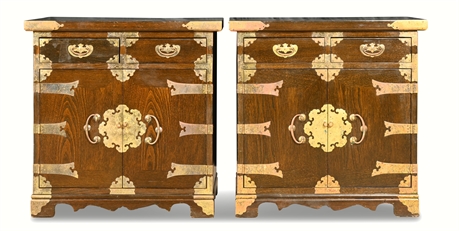 Pair of Vintage Korean-Inspired Elm Wood Tansu Chests with Brass Accents