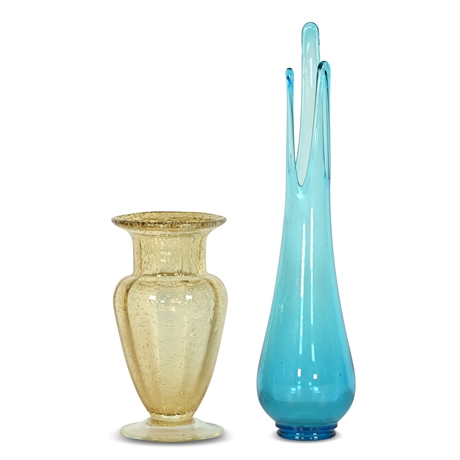 Mid-Century Swung Vase & Metallic Gold Murano Vase