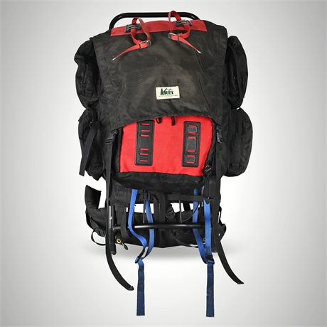 REI Vintage External Frame Backpack — Red & Black Nylon, 35” Hiking Pack