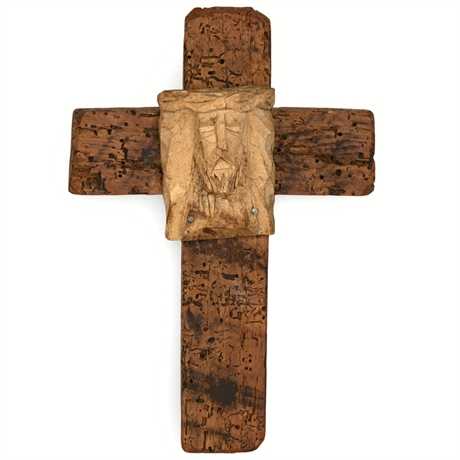 Hand-Carved Wormwood Cross with Jesus Image - 1999 Palomas