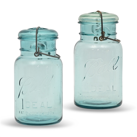 Antique Aqua Ball Ideal Canning Jars, Patented July 14, 1908