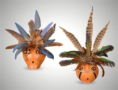 Pair of Feathered Gourd Masks by Valerie M. Milner — Signed Folk Art