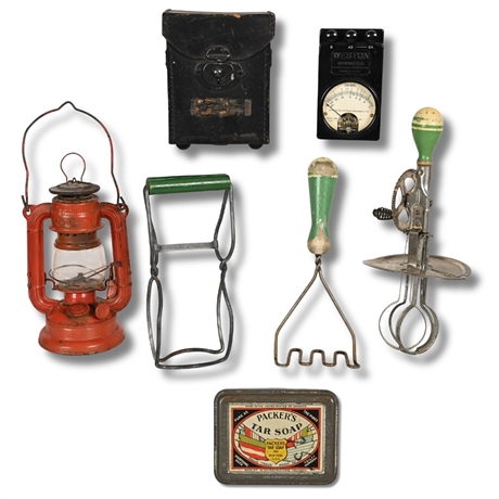 Antique Americana Lot — Sun Lantern, Ohmmeter, Kitchen Tools & Packer's Tar Soap