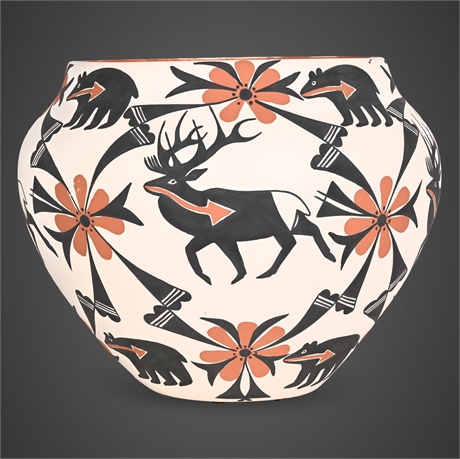Acoma Pueblo Pottery Jar by Melissa Antonio — Deer & Bear Motif, 8.5” x 11”