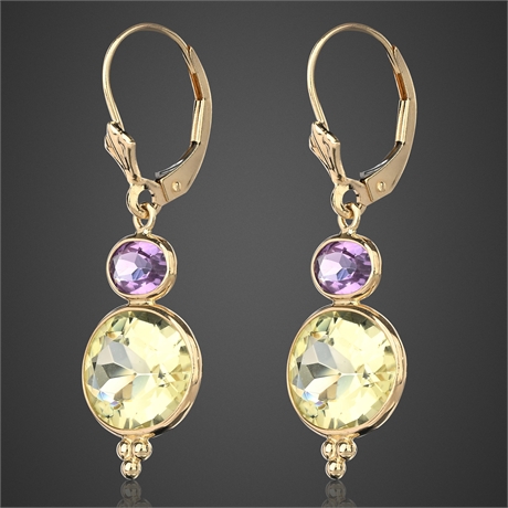 14K Gold Amethyst & Lemon Quartz Drop Earrings – 2.63g