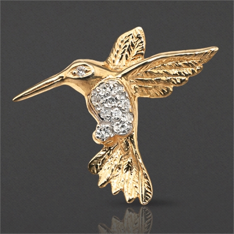 1950s 14K Yellow Gold Hummingbird Pin with Diamond Accents