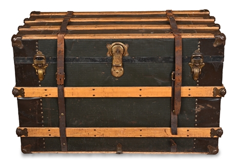Early 20th C. Steamer Trunk – Oak Slats, Canvas & Key