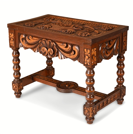 Spanish Baroque Revival Table – Carved Floral Top, Baluster Legs, 23" Wide