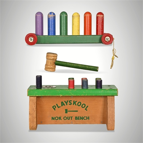 Playskool Nok Out Bench & Rainbow Peg Pull Car Set, c. 1950s–60s