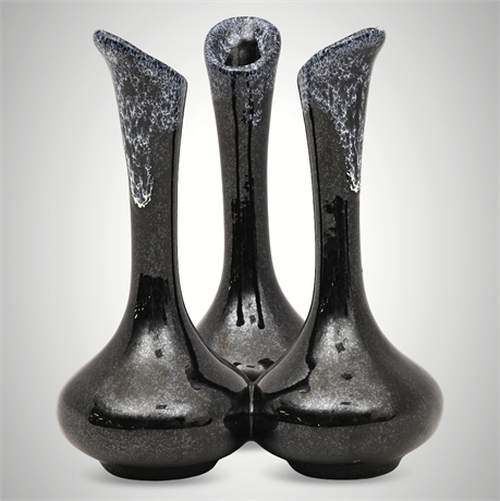 Van Briggle Triple Bud Vase — Black Crystalline Glaze, Signed Hand Thrown