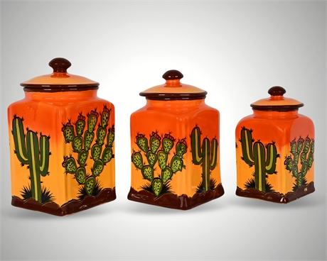Torres Pottery Talavera Canister Set – Hand Painted Cactus, Mexico