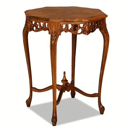 Louis XV Style Carved Walnut Bookmatched Occasional Table with Finial Stretcher