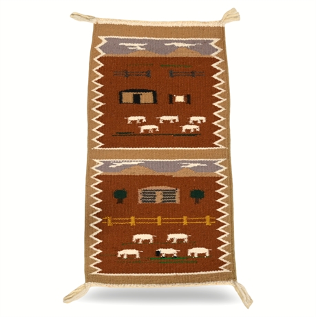 Navajo Handwoven Wool Pictorial Saddle Blanket—Sheep & Hogan Design