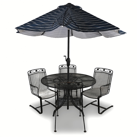 Wrought Iron Patio Set, 50" Table + 4 Chairs & Umbrella