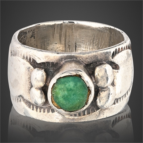 Navajo Sterling Silver & Turquoise Ring — Wide Band, Size 2