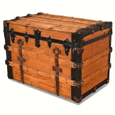 Antique Wood & Steel Flat-Top Trunk w/ Casters & Leather Straps