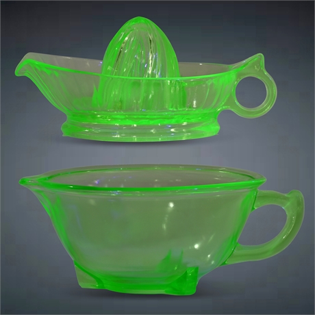 Vintage Uranium Glass Footed Mixing Bowl and Juicer