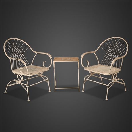 Vintage Iron Rocking Armchairs & Tile Side Table Set
