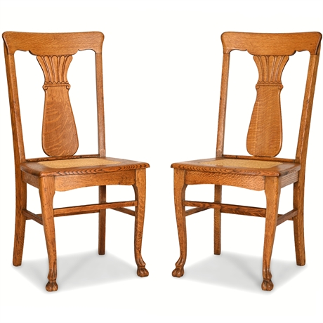 Pair Antique Tiger Oak Pressback Chairs