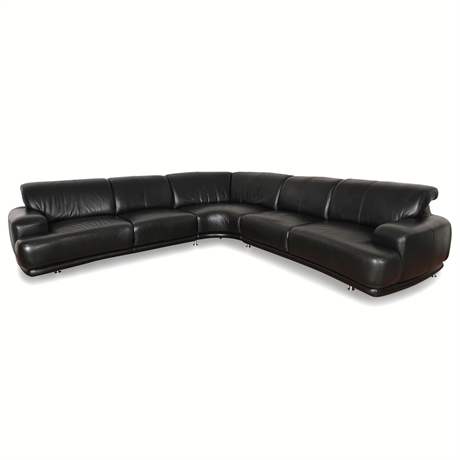 W. Schillig German 3-Piece Black Leather Sectional Sofa, Chrome Feet