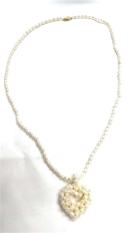 Pearl Necklace and Heart Pendant with 14K Gold Clasp