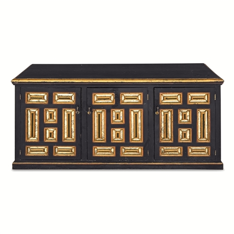Spanish Baroque Credenza — Ebonized, Gilt & Antiqued Mirror, 19th–20th C.