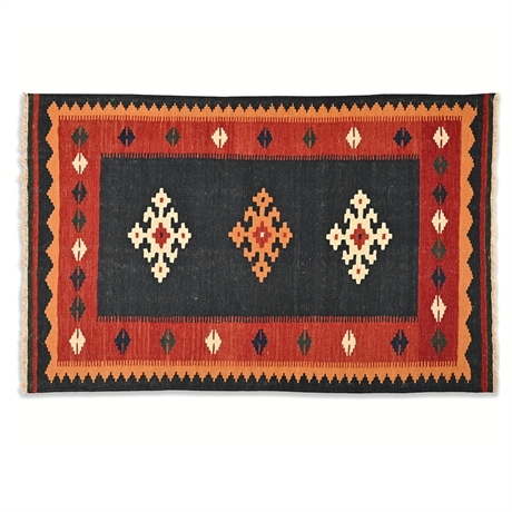 Vintage Kilim Rug — Geometric Motifs, Red & Navy, Handwoven Wool