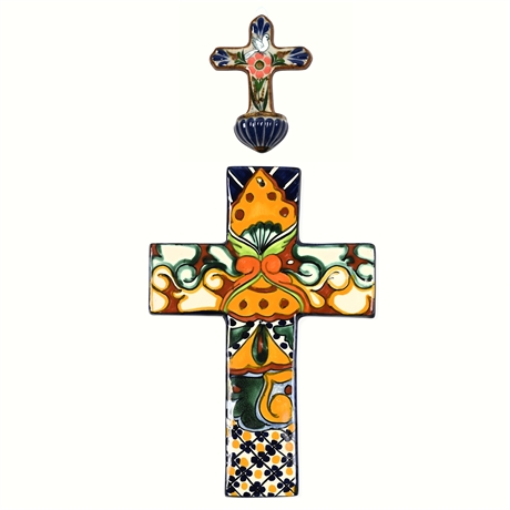 Pair of Hand-Painted Talavera Wall Crosses – Signed Gonzalez. & Mexico
